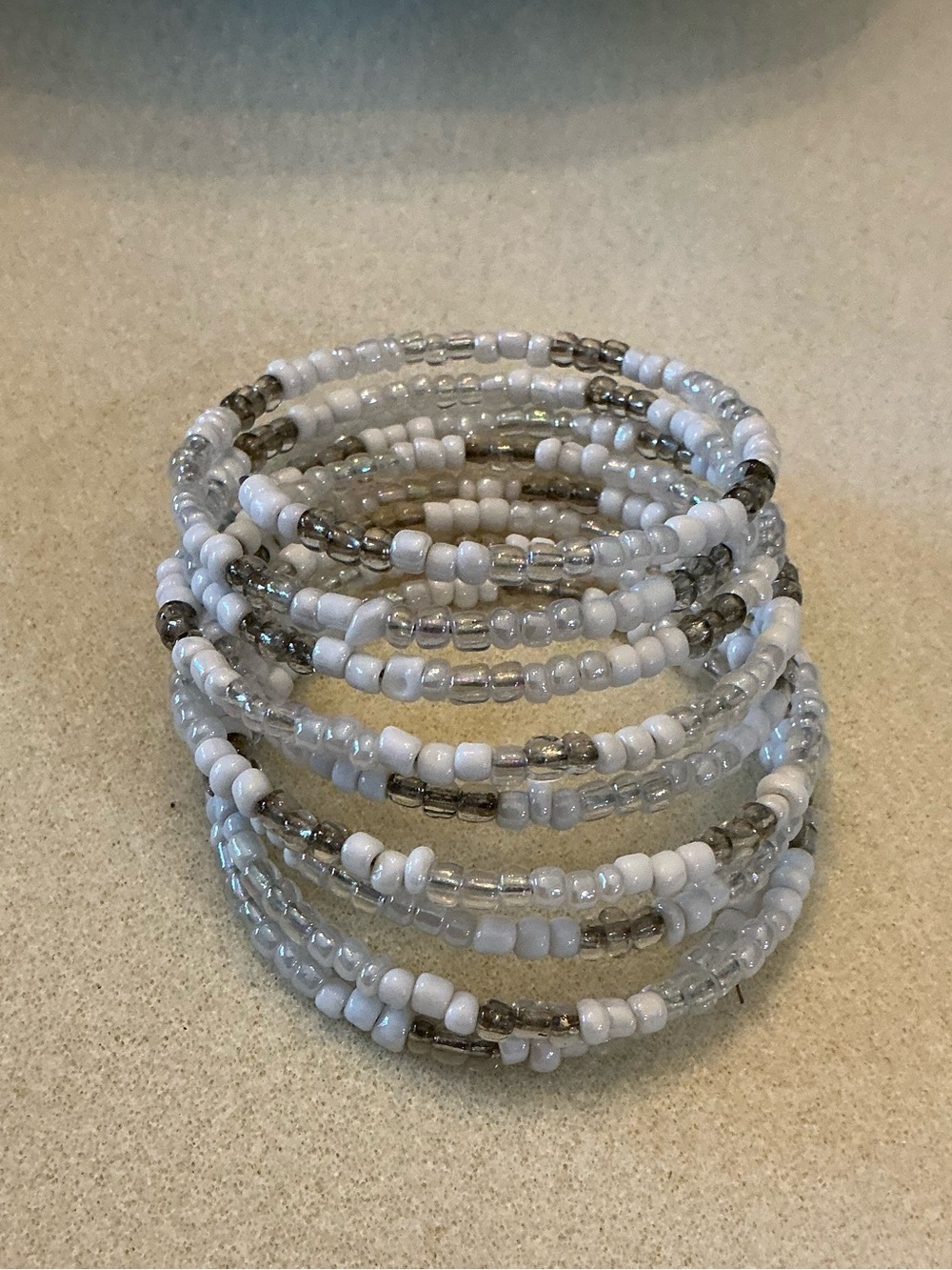 White and Smoky Glass Bead Coil Bracelet